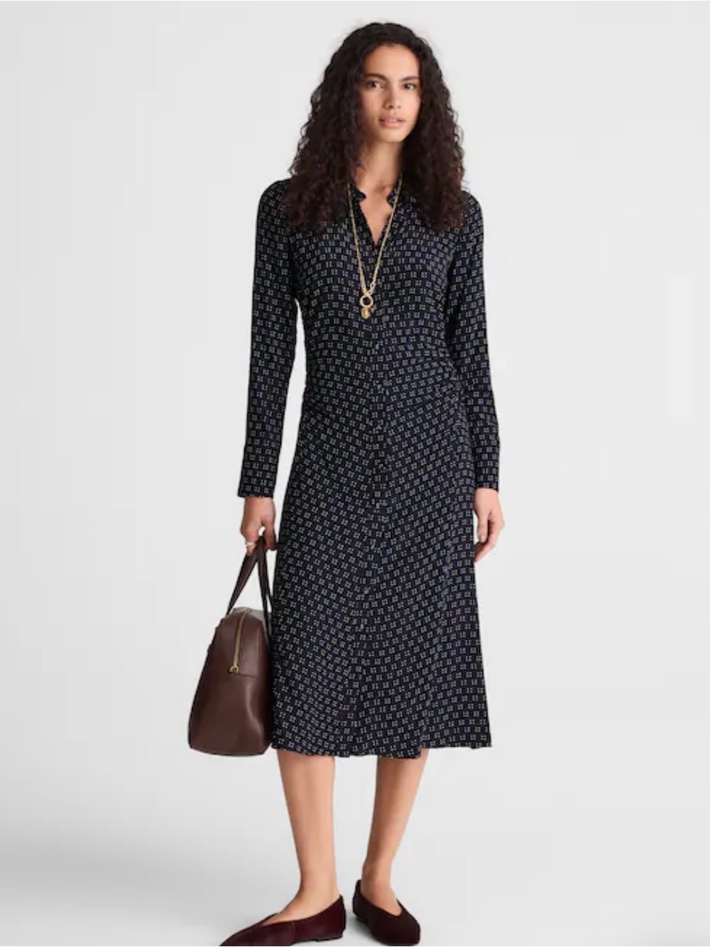 Madewell Navy Printed Ruched Midi Shirtdress